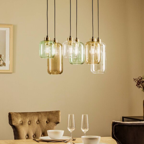 TK Lighting Závěsné světlo Marco Green, 6-ramenné čiré/zelené/hnědé, stmívatelný, Čirá / transparetní, Obývací pokoj / jídelna, Sklo, Moderní