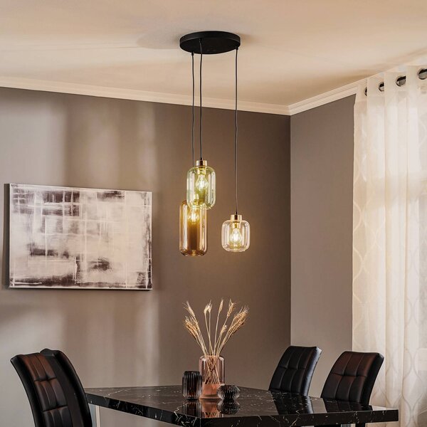 TK Lighting Závěsné světlo Marco Green, 3-ramenné čiré/zelené/hnědé, stmívatelný, Čirá / transparetní, Obývací pokoj / jídelna, Sklo, Moderní