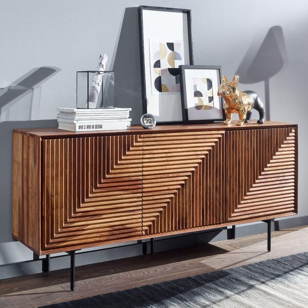 FineBuy Píborník z masivního deva sheesham 150 cm se 3 dvíky – Masivní retro komoda s ezbami – Designový pírodní píborník – Run vyrobený v industriálním stylu