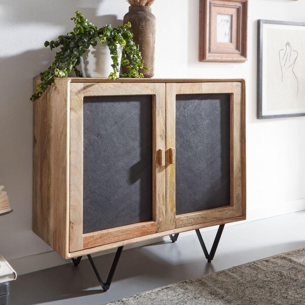 Komoda FineBuy, 80x75x35 cm, masivní mango / vzhled kamene. Servírovací komoda s 2 dvíky. Malá komoda, devná, stojací