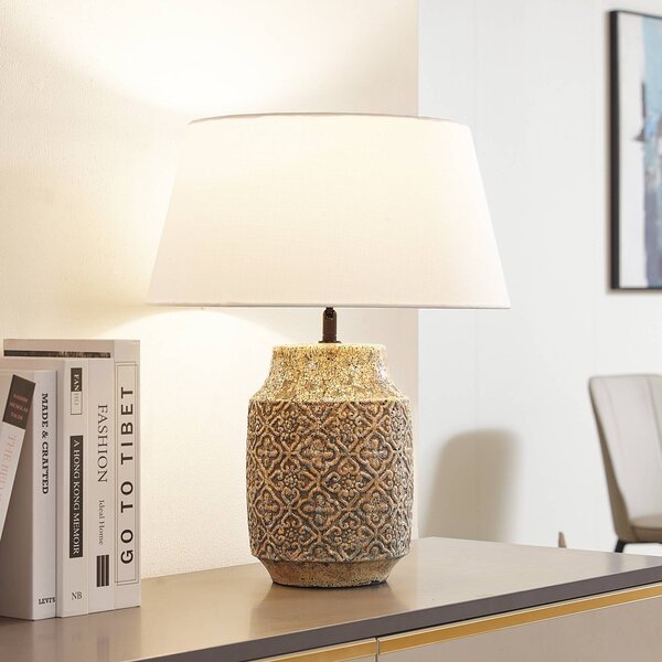 Lindby Stolní lampa Aelith, Ø 40 cm, hnědá, keramika, E27, Hliník / šedá / zinek, Obývací pokoj / jídelna, Textil / tkanina / hedvábí, Venkovský / rustikální