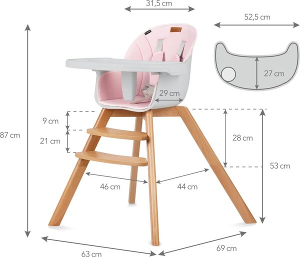 Dětská židlička na krmení Vysoká židle k jídelnímu stolu dřevo Kidwell NOBIS Pink