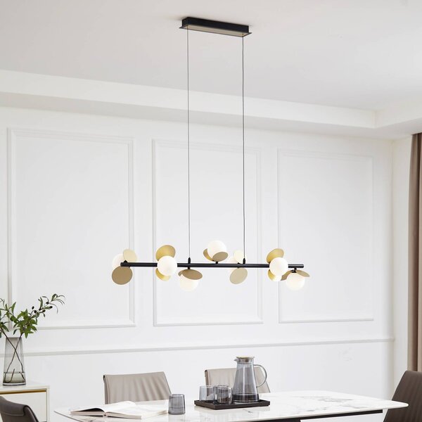 Lucande LED závěsné svítidlo Pallo, 7 světel, černá/zlatá, sklo, stmívatelný, Černá, Obývací pokoj / jídelna, kov, Moderní