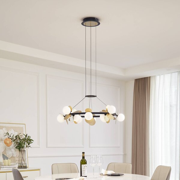 Lucande LED závěsné svítidlo Pallo, 12 světel, černá/zlatá, sklo, stmívatelný, Černá, Obývací pokoj / jídelna, kov, Moderní