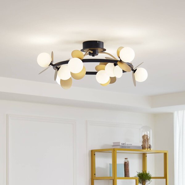 Lucande Stropní svítidlo LED Pallo, 9 světel, černá/zlatá, sklo, stmívatelný, Černá, Obývací pokoj / jídelna, kov, Moderní