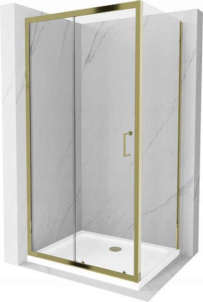Mexen Apia sprchový kout s posuvnými dveřmi 100 (dveře) x 80 (stěna) cm, 5mm čiré sklo, zlatý profil + bílá sprchová vanička SLIM, 840-100-080-50-00-4010G