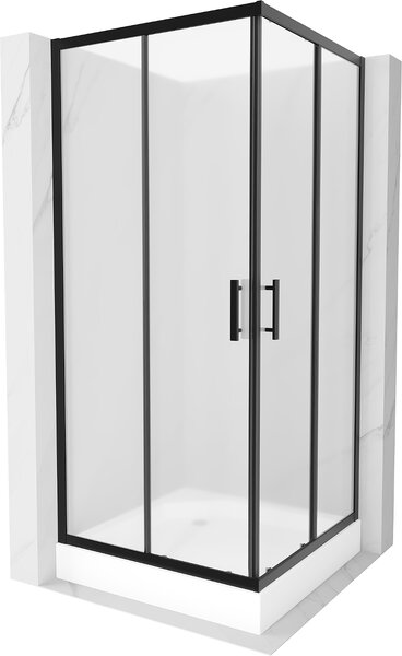 Mexen Rio, sprchový kout s posuvnými dveřmi 90x90x190 cm, 5mm sklo námraza, černý profil + bílá sprchová vanička RIO, 860-090-090-70-30-4510