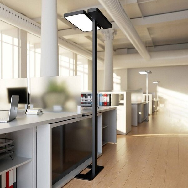 Arcchio Kancelářská stojací lampa LED Aila, černá, senzor denního světla, stmívatelný, Černá, Pracovna / kancelář, Hliník, Moderní