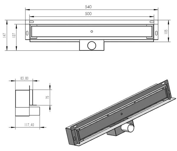 BPS-koupelny Nástěnný odtokový žlab 2in1 DL04-MURAL HYD-6134 50 cm, černý