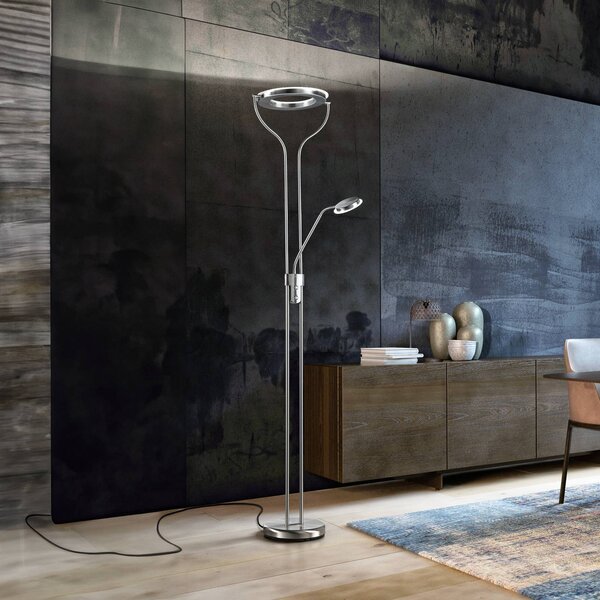 FISCHER & HONSEL LED stojací lampa Davos, niklová, výška 180 cm, 2-ramenná,, stmívatelný, Hliník / šedá / zinek, Obývací pokoj / jídelna, kov, Lampička na čtení
