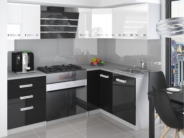 Rohová kuchyně 150 x 150 cm bílo-černá lesklá Mona bez LED osvětlení