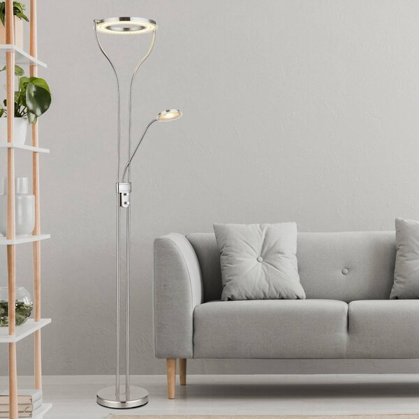Globo LED stojací lampa Ebro, výška 194 cm, barva niklu, 2 světla., stmívatelný, Hliník / šedá / zinek, Obývací pokoj / jídelna, kov, Moderní, Lampička na čtení