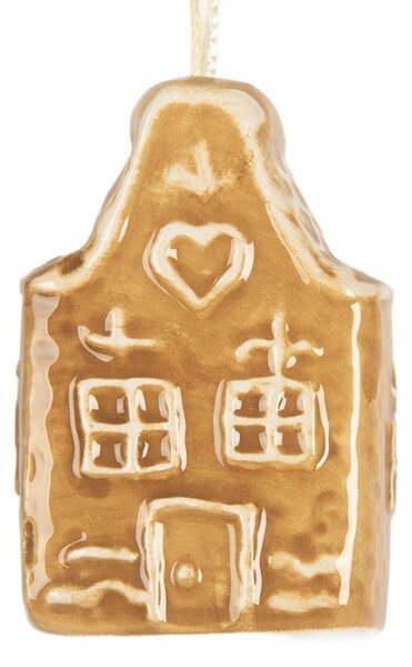 Hnědá keramická vánoční ozdoba perníková chaloupka – 4x3x6 cm
