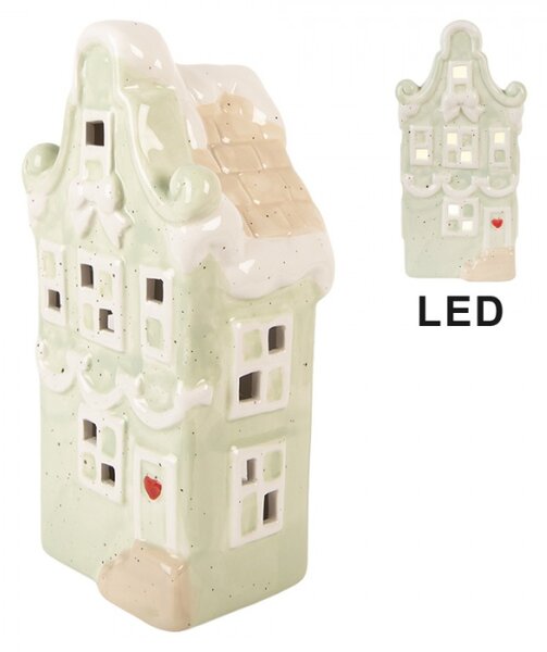 Zelený keramický domeček s LED světlem – 11x9x22 cm