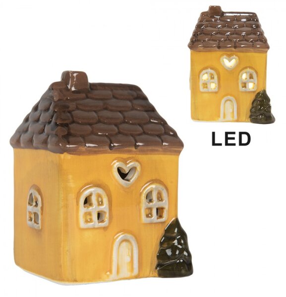 Žlutý keramický domeček s LED světlem – 7x6x10 cm