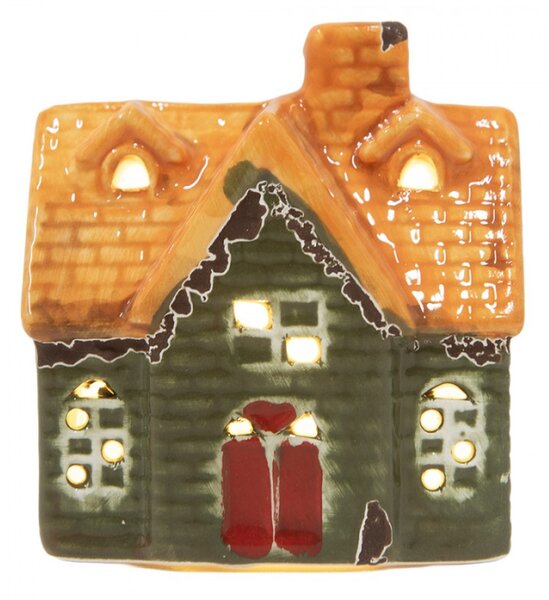 Zelený keramický domeček s LED světlem – 8x5x8 cm