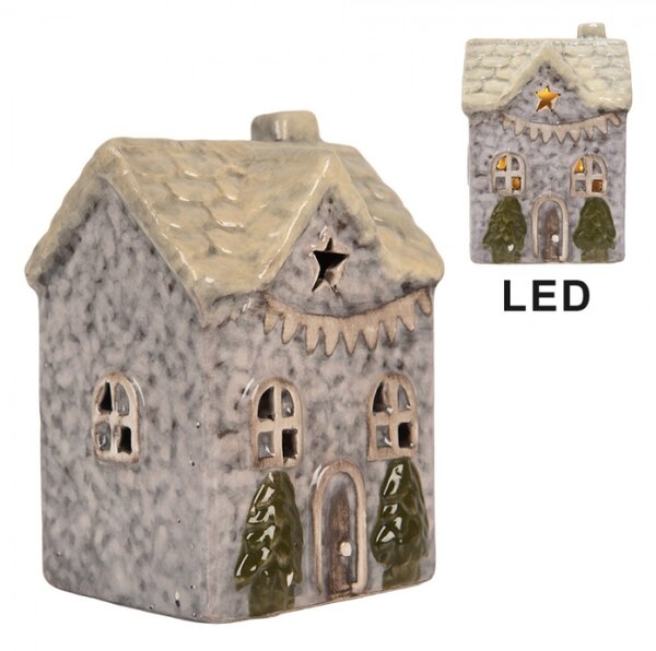 Šedý keramický domeček s LED světlem – 6x6x10 cm