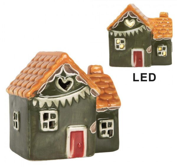 Zelený keramický domeček s LED světlem – 8x6x8 cm