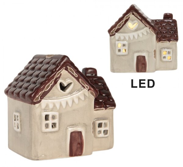 Béžový keramický domeček s LED světlem – 8x6x8 cm