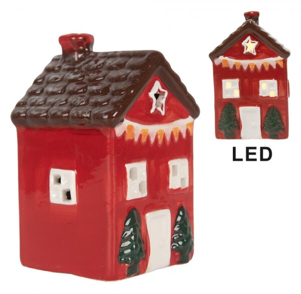 Červený keramický domeček s LED světlem – 6x6x11 cm