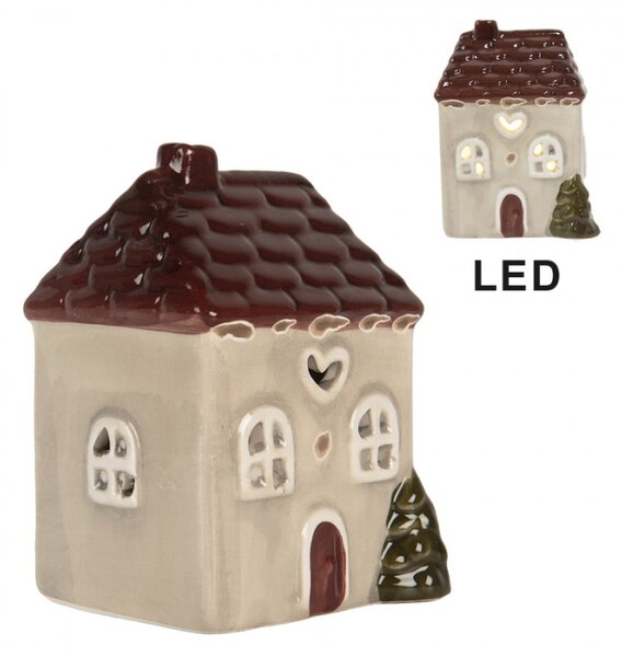 Béžový keramický domeček s LED světlem – 7x6x10 cm