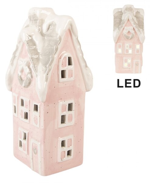 Růžový keramický domeček s LED světlem – 11x10x24 cm