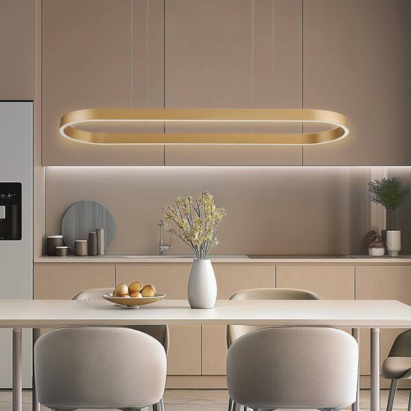 Lucande Smart LED závěsné svítidlo Melinay, zlatá, Tuya, stmívatelný, Mosaz / zlato, Obývací pokoj / jídelna, Hliník, Moderní