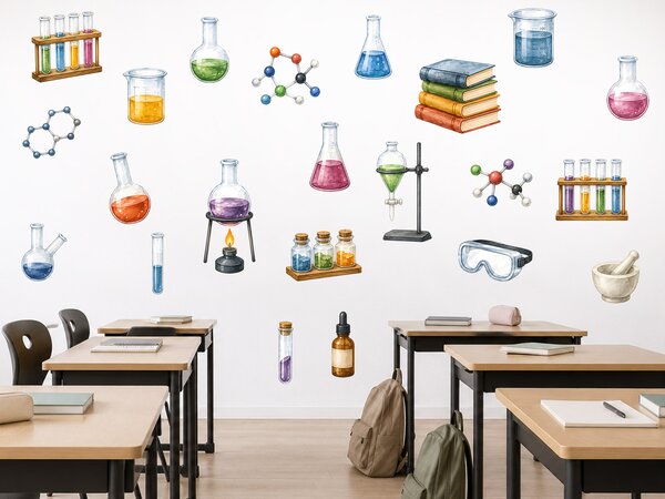 Škola chemie samolepky na zeď do učebny a třídy arch 75 x 62 cm