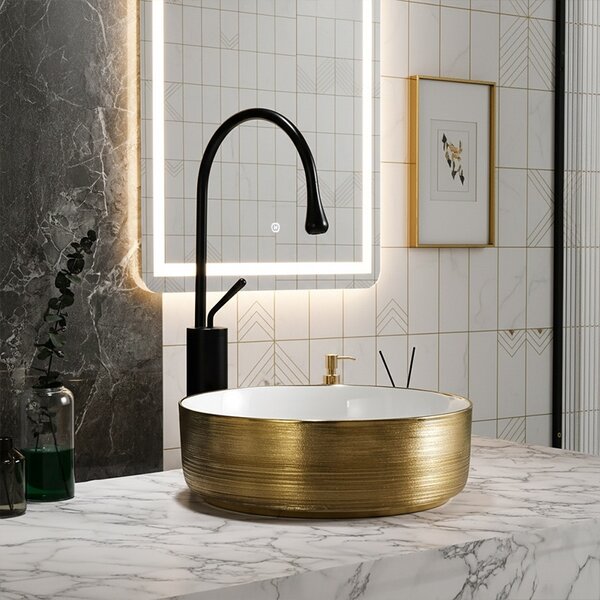 BPS-koupelny Keramické umyvadlo na desku HYD-LA-GL-BR-360 36x36 cm, bílé/zlaté