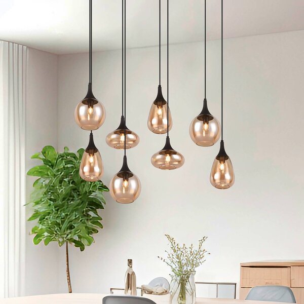 Trio Lighting Závěsné svítidlo Lumina, 8 světel, černá/jantarová, sklo, stmívatelný, Obývací pokoj / jídelna, Sklo, Moderní