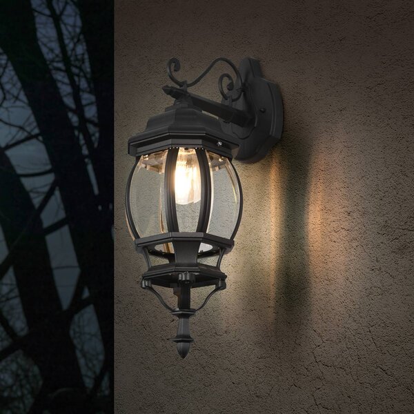 Trio Lighting Venkovní nástěnné svítidlo Elvo, spodní zásuvka, matná černá, stmívatelný, Černá, Hliník, Starožitný