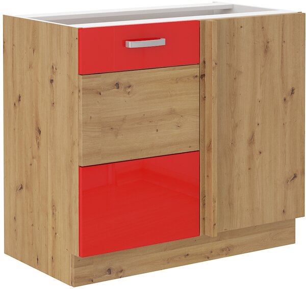 Spodní rohová skříňka do kuchyně 90x82 cm 27 - MYSTIC - Červená lesklá / Dub artisan
