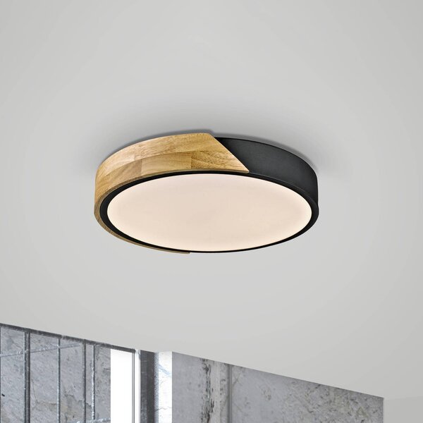 JUST LIGHT. GmbH Stropní svítidlo Bila LED, černé, Ø 32 cm, dřevo, Světlé dřevo, Obývací pokoj / jídelna, Dřevo