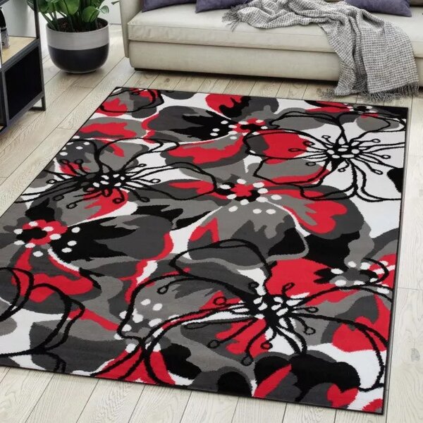 Makro Abra Kusový koberec moderní MAYA Z907E Květy šedý červený Rozměr: 180x250 cm