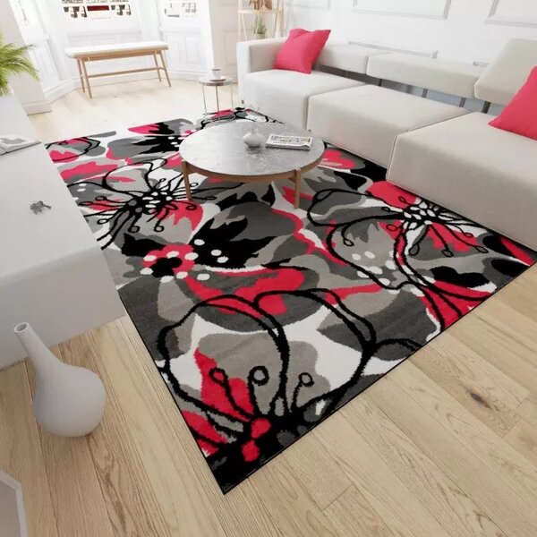 Makro Abra Kusový koberec moderní MAYA Z907E Květy šedý červený Rozměr: 180x250 cm
