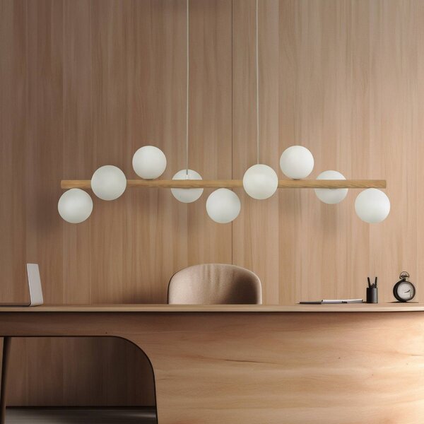 TK Lighting Závěsné svítidlo Estera, opálové sklo, dřevo, devět světelných zdrojů, stmívatelný, Světlé dřevo, Obývací pokoj / jídelna, Sklo, Koule