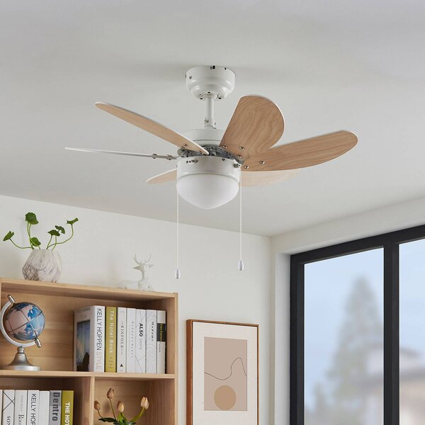 Lindby Stropní ventilátor Minja, bílý, dřevo, Bílá / opál, Obývací pokoj / jídelna, kov, Moderní