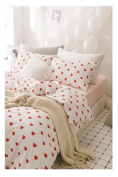 Krémové 4dílné prodloužené povlečení na dvoulůžko z bavlny Renforcé s prostěradlem 200x220 cm Mini Hearts – Mila Home