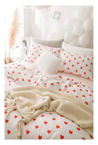 Krémové 4dílné prodloužené povlečení na dvoulůžko z bavlny Renforcé s prostěradlem 200x220 cm Mini Hearts – Mila Home