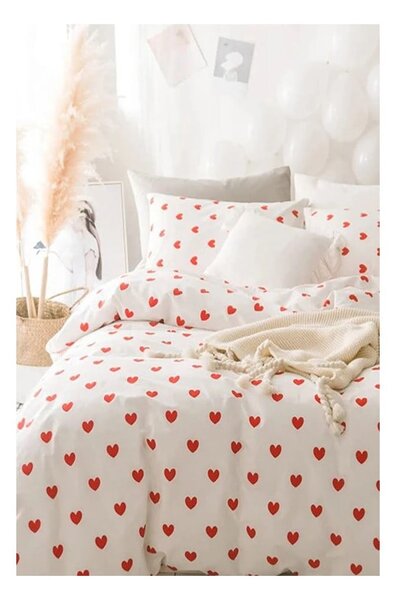 Krémové 4dílné prodloužené povlečení na dvoulůžko z bavlny Renforcé s prostěradlem 200x220 cm Mini Hearts – Mila Home