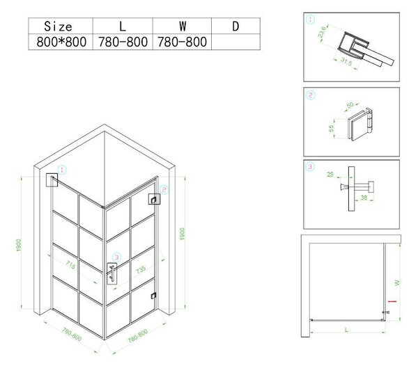 BPS-koupelny Čtvercový sprchový kout HYD-SK10A 80x80 černá/transparent - bez vaničky