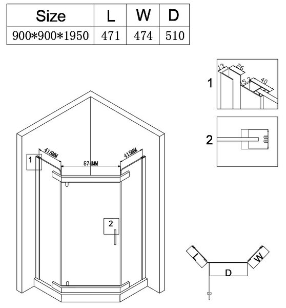 BPS-koupelny Pětiúhelníkový sprchový kout HYD-PK91B 90x90 černá/transparent - bez vaničky