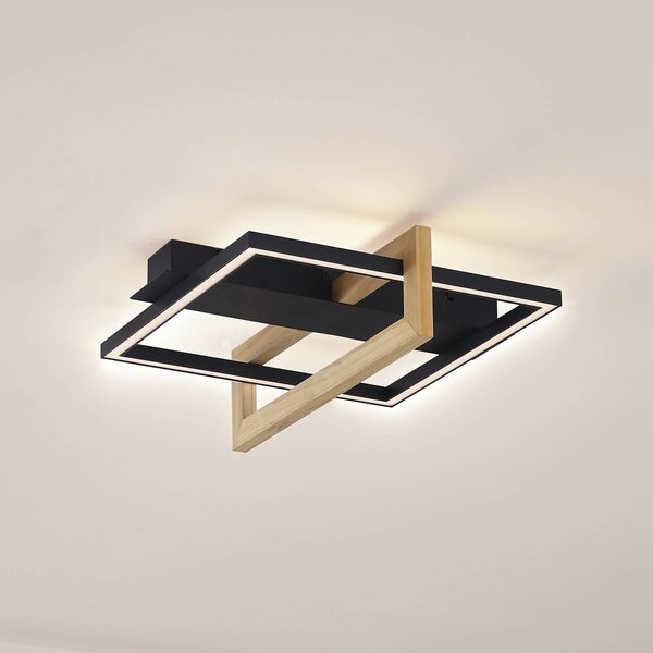Lindby LED stropní svítidlo Holamu, 46 cm, černá, dřevo, kov, Černá, Obývací pokoj / jídelna, Hliník, Moderní