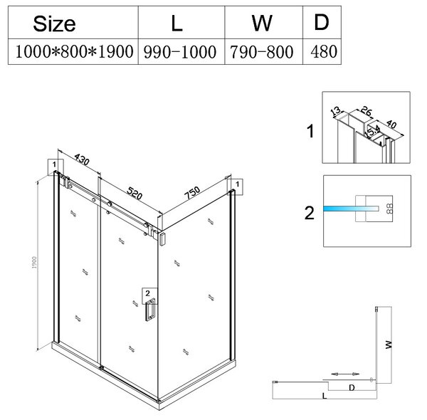 BPS-koupelny Obdélníkový sprchový kout HYD-OK203A 100x80 chrom/transparent - bez vaničky
