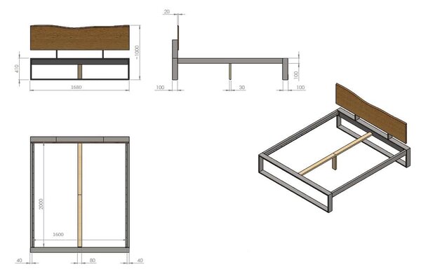 Železná postel Tara 160×200 v kombinaci masivní dub a kov