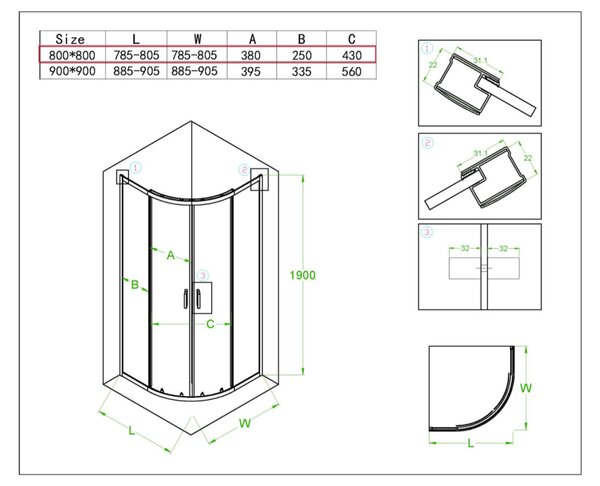 BPS-koupelny Čtvrtkruhový sprchový kout HYD-RK94A 80x80 bílá/transparent - bez vaničky