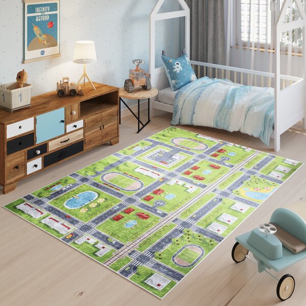 Makro Abra Dětský kusový koberec vhodný k praní BAMBINO 9033 Město Ulice Fotbalový stadión pogumovaný zelený modrý Rozměr: 120x170 cm