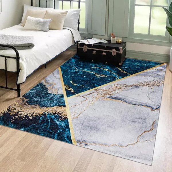 Makro Abra Kusový koberec pratelný TOSCANA 2430 Moderní pogumovaný modrý krémový zlatý Rozměr: 80x150 cm
