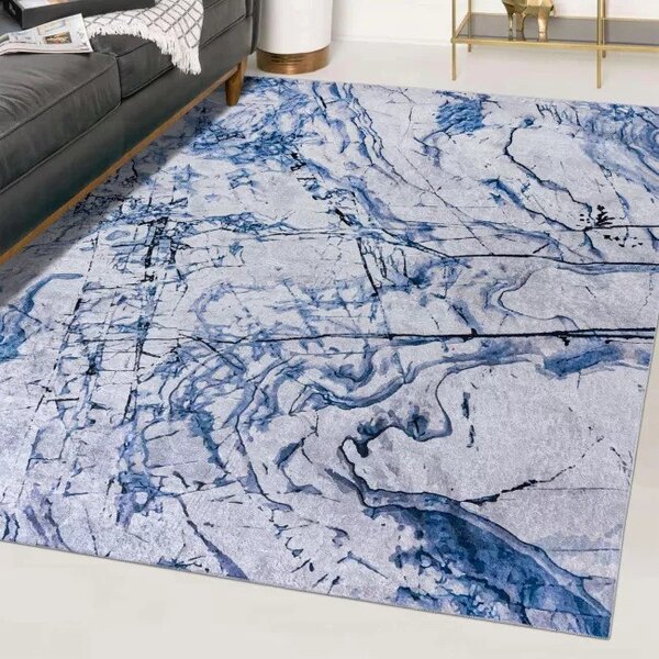 Makro Abra Kusový koberec pratelný TOSCANA 97850 Abstraktní Mramor pogumovaný krémový modrý Rozměr: 80x150 cm