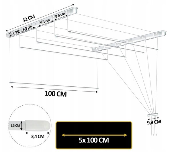 Erga Erga, stropní věšák na sušení prádla 5x100 cm, bílé, ERG-SEP-10SUSSUF5PP10